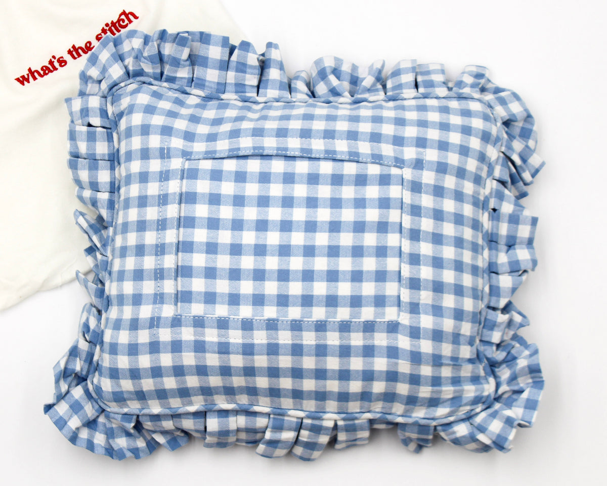 What’s The Stitch Blue Gingham Self-Finishing Pillow