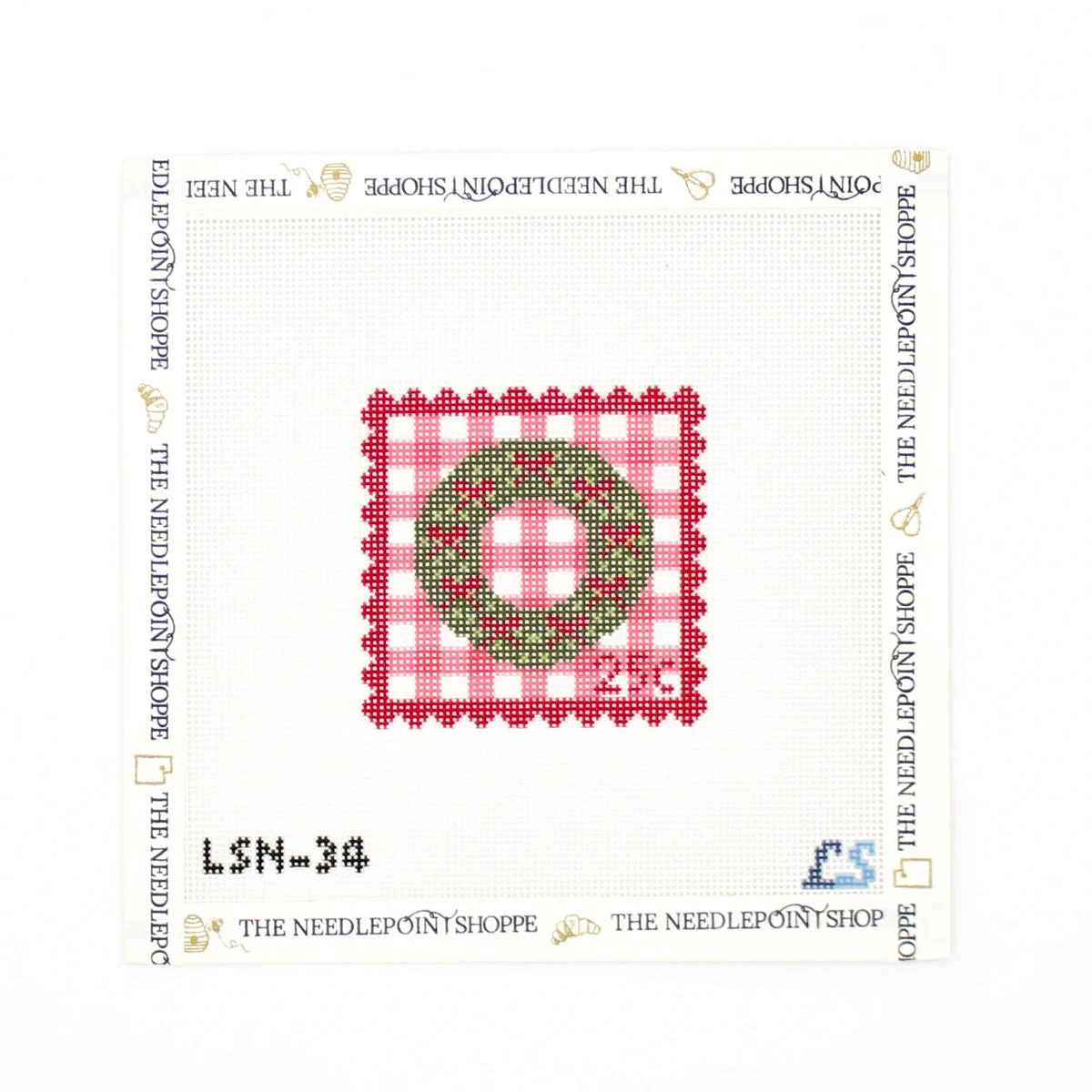 Pink Holiday Wreath Postage Stamp Needlepoint Canvas