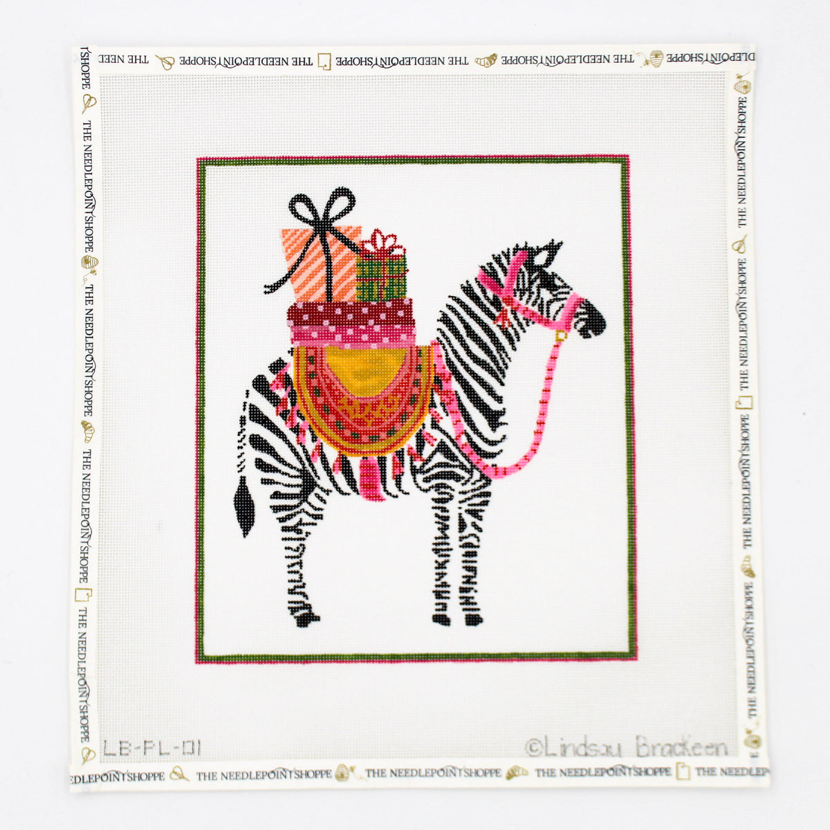 Party Animal Zebra with Gifts & Pink Harness Needlepoint Canvas