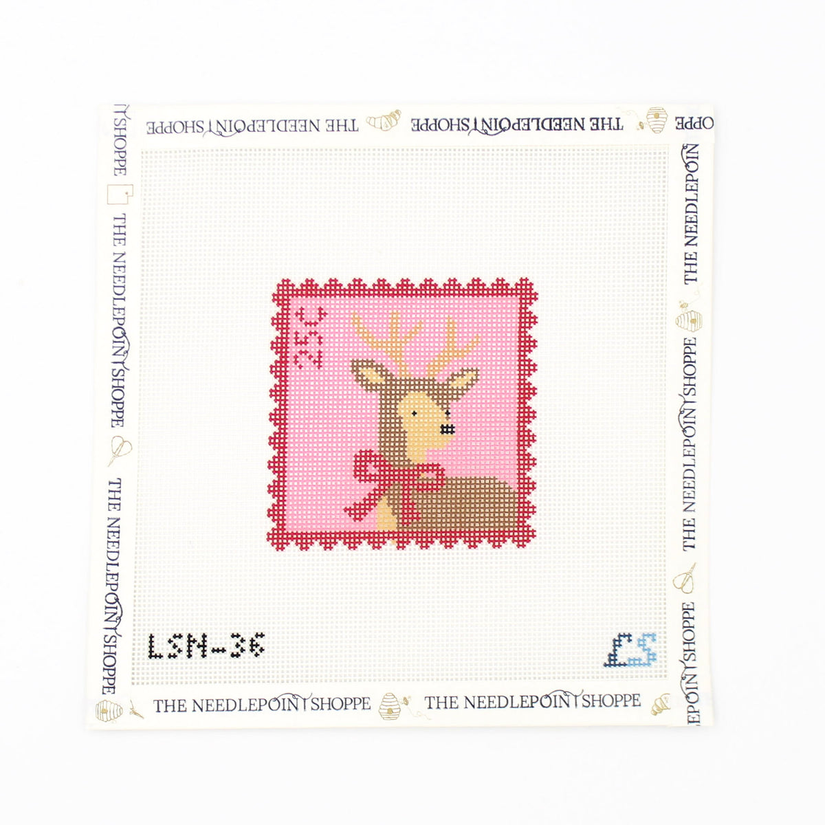 Holiday Pink Deer Postage Stamp Needlepoint Canvas