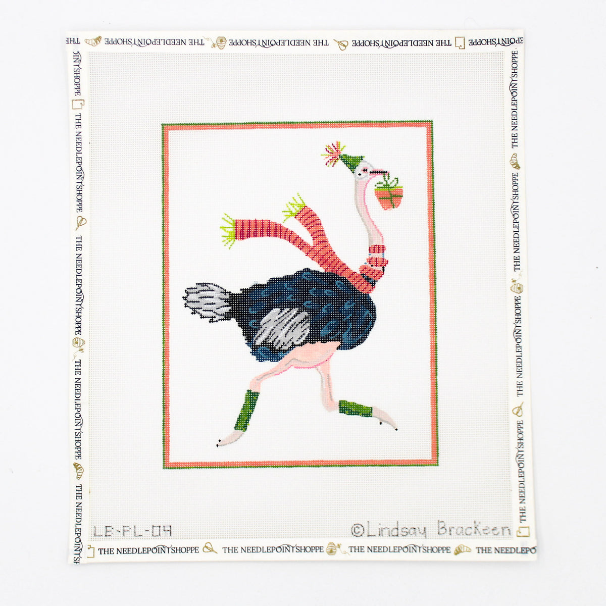 Party Animal Ostrich with Party Hat, Gift and Striped Scarf Needlepoint Canvas