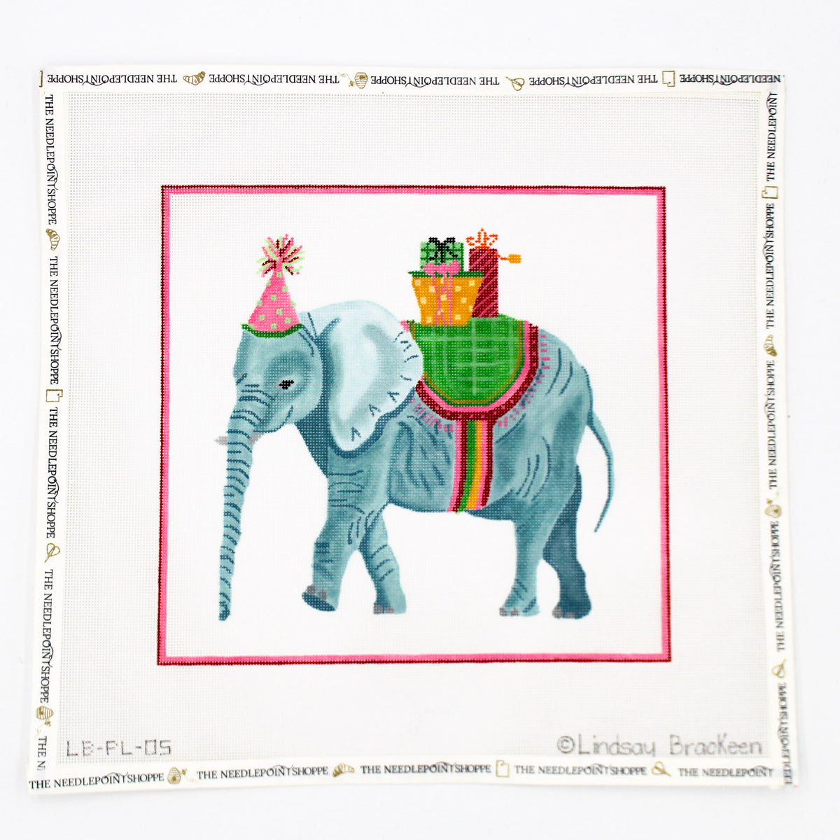 Party Animal Elephant with Gifts & Pink Party Hat Needlepoint Canvas