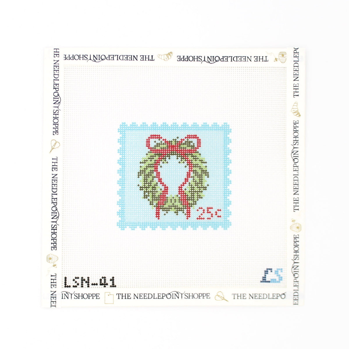 Blue Holiday Wreath Postage Stamp Needlepoint Canvas