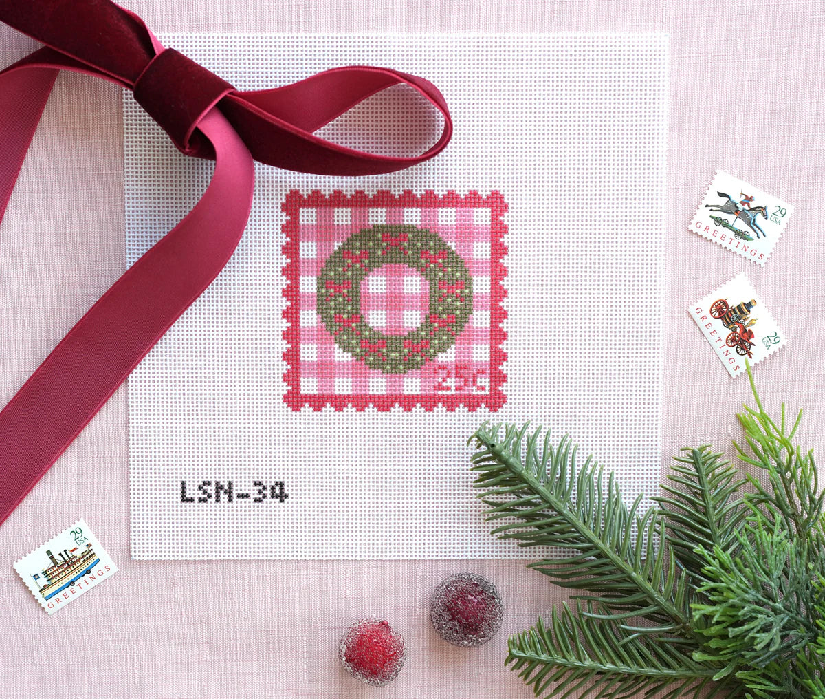 Pink Holiday Wreath Postage Stamp