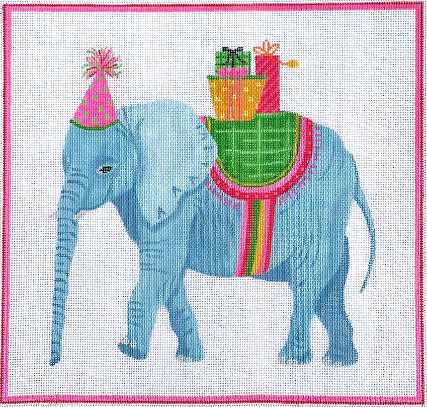 Party Animal Elephant with Gifts & Pink Party Hat Needlepoint Canvas