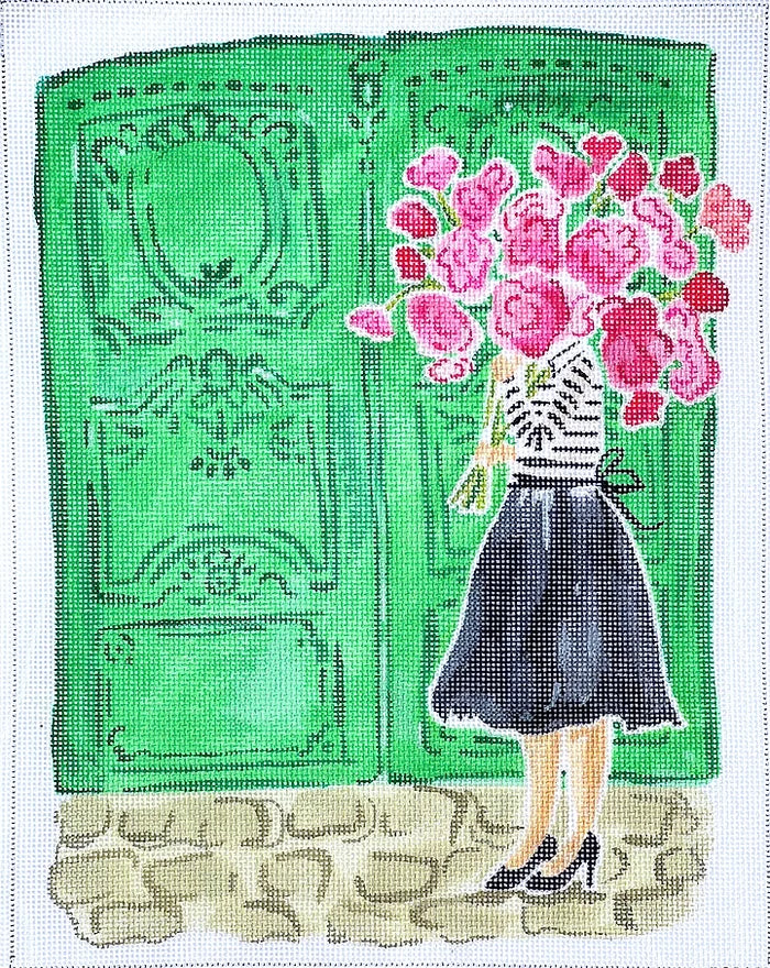 Mademoiselle with Pink Flowers & Green Doors