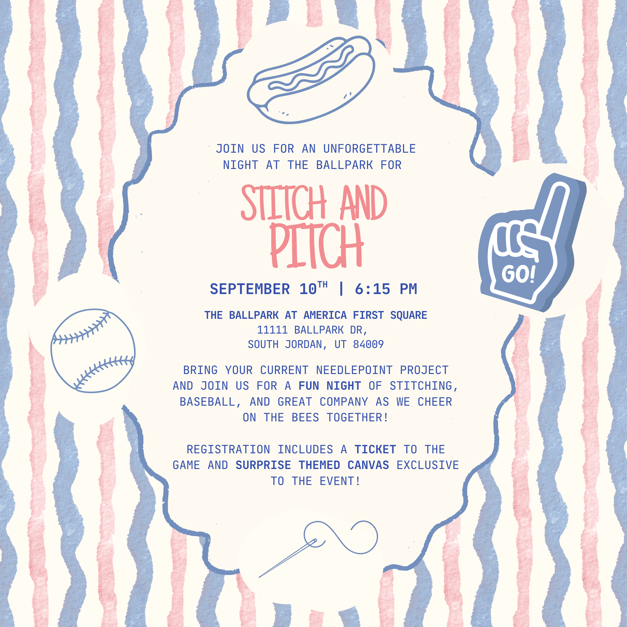 Stitch and Pitch Night at the Ballpark | Needlepoint & Baseball Event