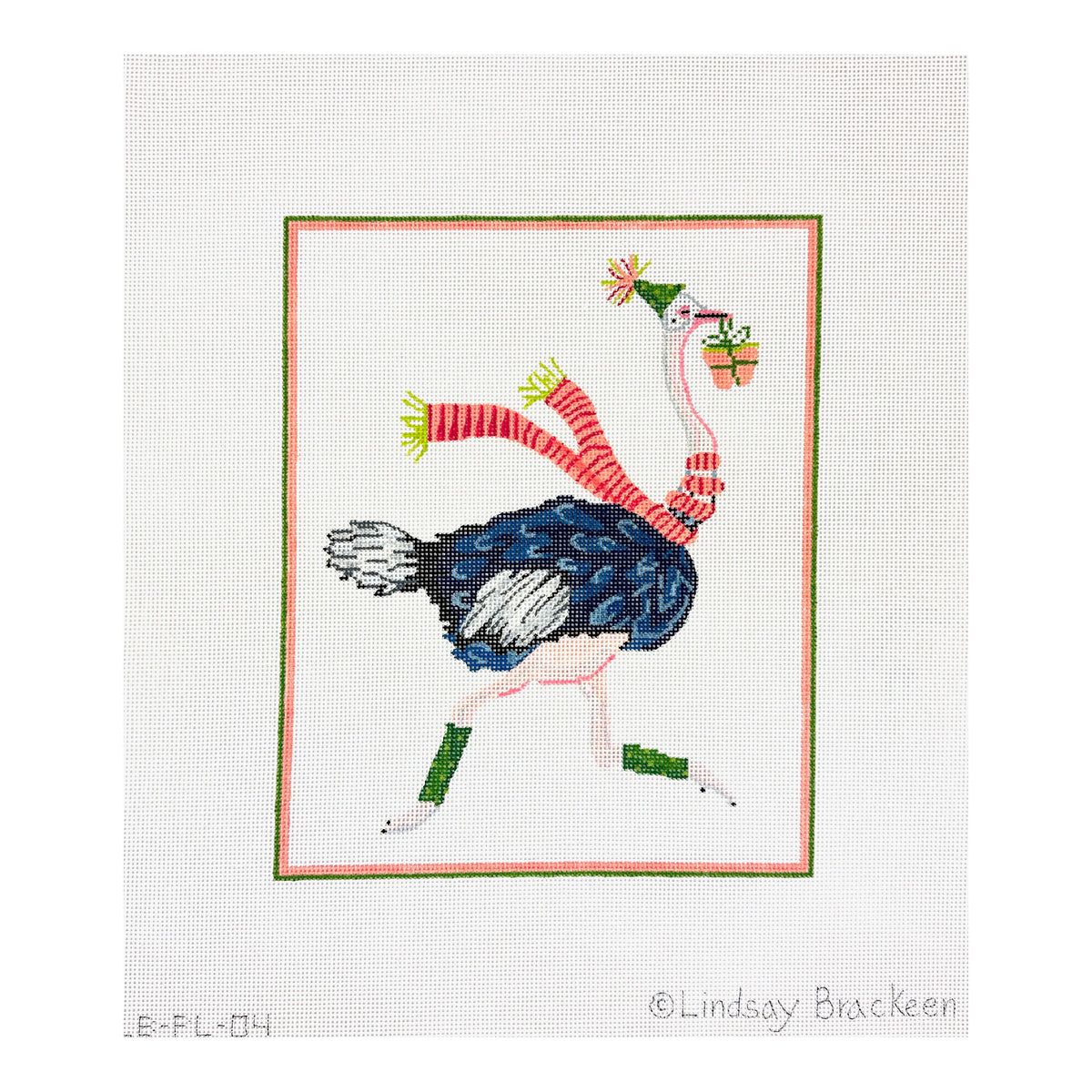 Party Animal Ostrich with Party Hat, Gift and Striped Scarf Needlepoint Canvas