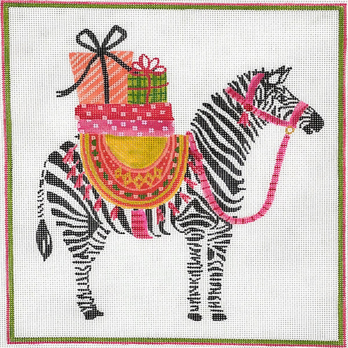 Party Animal Zebra with Gifts & Pink Harness Needlepoint Canvas